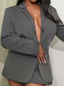 Chea Andrea 2 件女式套装：褶皱迷你裙 + 宽松休闲黑白条纹西装外套，秋季/春季 - 深灰色 - 查看 4