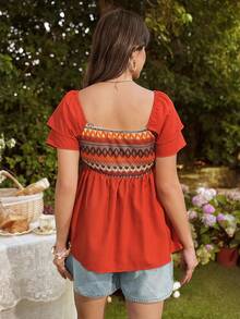 SHEIN Geometric Pattern Ruffle Sleeve A-Line Maternity Blouse For Women - Orange - View 2