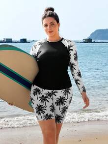 Swim Mulvari 加大码黑白椰树印花两件套泳衣 - 长袖圆领上衣和短裤，女士坦克比基尼套装，适合夏季海滩度假 - 黑與白 - 查看 3