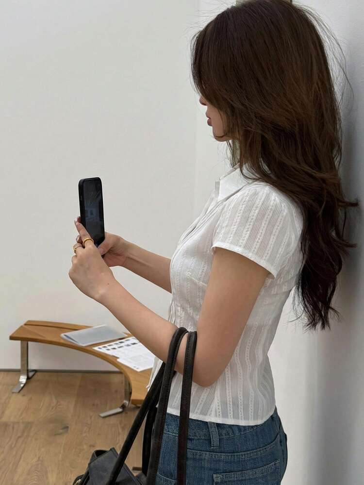 Solid Color Collared Fitted Short Sleeve White Blouse For Women Summer