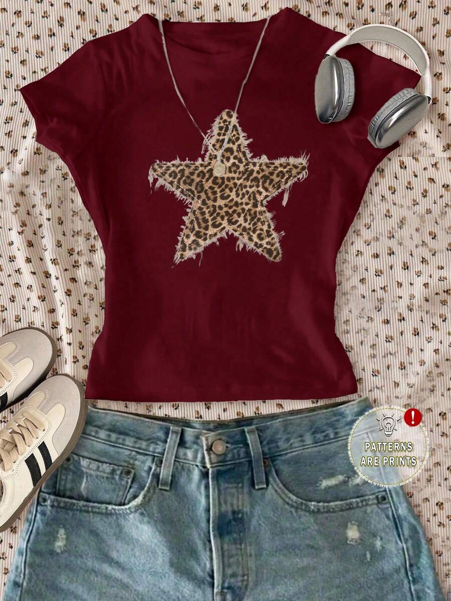 Tween Girl Leopard Print & Star Pattern Burgundy T-Shirt,Vintage Collegiate Street Sports Casual Round Neck Long Sleeve Top For Summer School Outfits - Multicolor - View 1