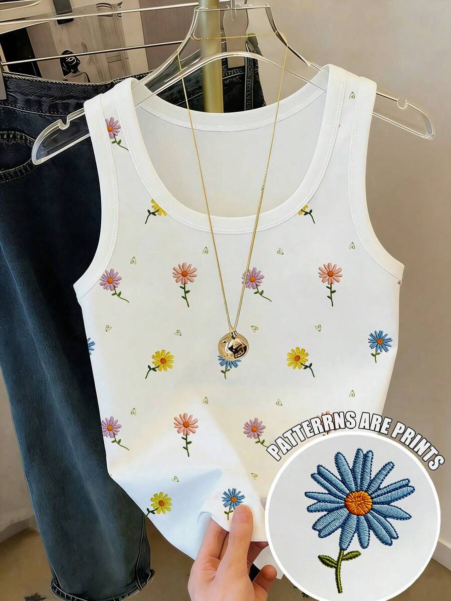 INAWLY Áo tank top nữ in họa tiết hoa tối giản, không tay, in toàn thân, thích hợp mặc hàng ngày. - trắng - Xem 1