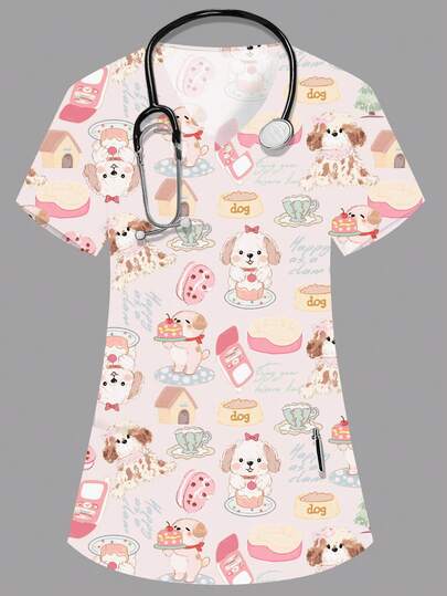 PopScrub Damen Rosa V-Ausschnitt Kurzarm Doppeltasche Süßes Cartoon Muster Kasack, mit niedlichen Hundedruck, geeignet für Krankenschwestern, Ärzte, Tierpfleger, Ernährungsberater, Laboranten, funktionales Mehrtaschenlayout, niedlicher Arbeitsanzug