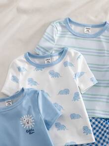 6 Stücke Baby Jungen Frühling/Sommer Gestrickt Rundhals Elefanten Muster Süße Tier Zoo Gestreift Retro Karomuster Blau Kurzarm T-Shirt und Shorts Lässig Outfit, Schlafanzug Hausanzug Set - Verschiedenfarbig - Übersicht 4