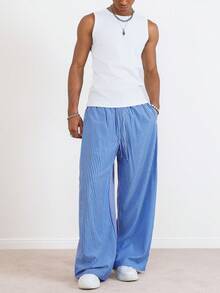 TOKVUE 男士抽绳腰带条纹口袋阔腿宽松裤 - 藍色 - 查看 6