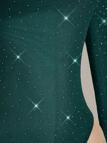 SHEIN ICON Women's Rhinestone Decor Long Sleeve Bodysuit - Dark Green - View 7