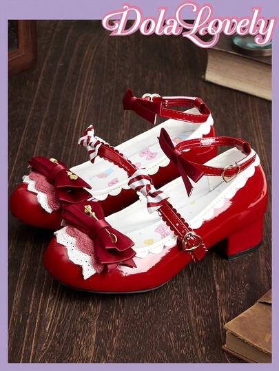 Dola Lovely Women Shoes Burgundy Cute Sweet Round Head Mary Jane High Heels Lace With Bow Decoration, Birthday Party Wear JK Wear, Lolita Wear