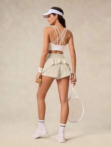 OutZeal Gym Shorts Women Sports Pink Shorts Solid Color Summer Spring Workout Breathable Stretch High Waist Built-In Shorts Ruffled Hem Design Active Bottoms - Apricot - View 7
