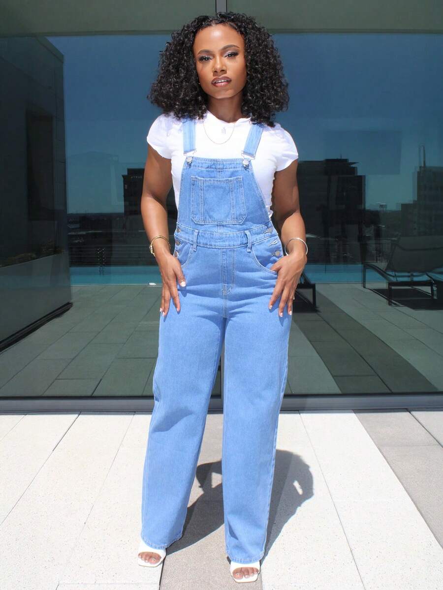 Steph T Mono vaquero suelto con bolsillos y tirantes ajustables para mujer - Azul lavado medio - Ver 1