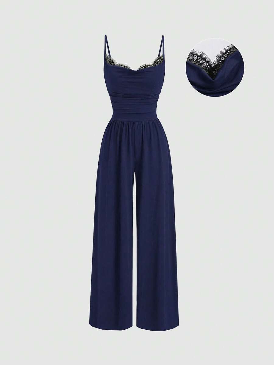 Sweetra Y2K Sexy Lace Patchwork Spaghetti Strap Wide Leg Jumpsuit - Navy Blue - View 1