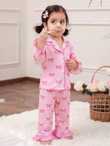 Dozemod Set Piyama Rajut Lembut Lengan Panjang dan Celana, Motif Pita Minimalis Manis untuk Bayi Perempuan, 2 Potong, untuk Bayi Perempuan - MultiWarna - View 9