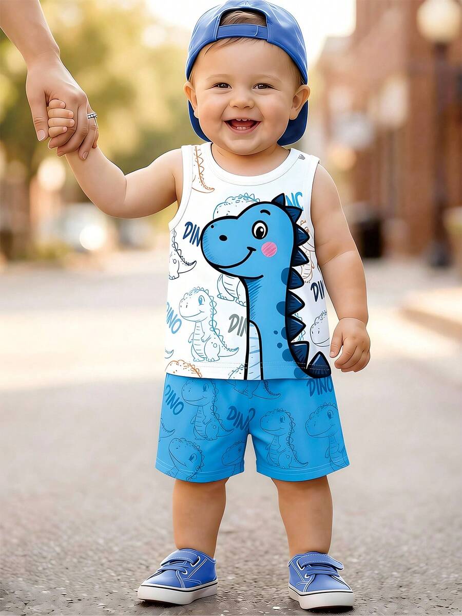 2pcs/Set Baby Boy Casual Cartoon Dinosaur Print Tank Top And Blue Shorts Set, Summer Outfits - Multicolor - View 1