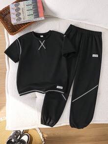 男童休闲白色条纹口袋设计短袖T恤和针织运动裤套装（2件套），春夏款 - 黑色 - 查看 6