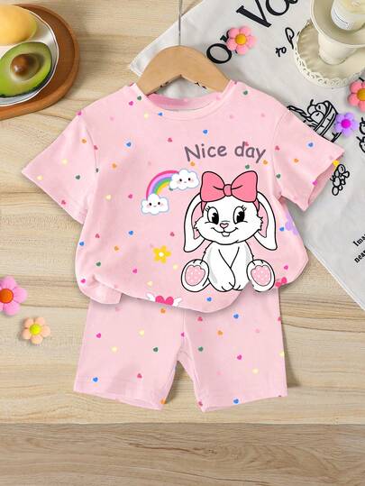 SHEIN GraphicGems 1 Set Baby Girls Lovely Rabbit Ear Heart Print Round Neck Short Sleeve T-Shirt And Knitted Shorts Cute Outfit, T-Shirt Set, Cartoon Rabbit Print Clothing, Summer Outfits