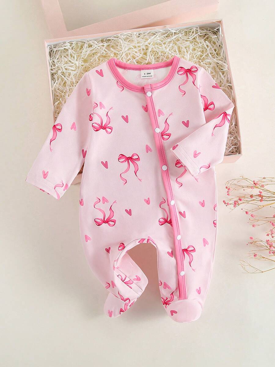SHEIN Bộ áo liền quần dài tay cổ tròn in nơ dễ thương cho bé gái sơ sinh, chất liệu mềm mại và thoải mái, thích hợp làm trang phục và quà tặng ngày Valentine. - Hồng - Xem 1