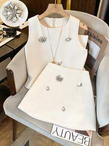 Franclia 3D水钻装饰无袖上衣搭配高腰时尚半裙，优雅女士套装 - 杏色 - 查看 1