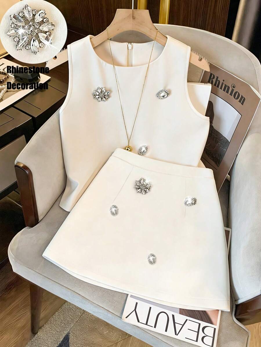 Franclia 3D水钻装饰无袖上衣搭配高腰时尚半裙，优雅女士套装 - 杏色 - 查看 1