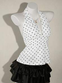 SHEIN ICON 女士95%纯棉黑白波点露背吊带深V领褶皱A字露背上衣 - 性感可爱复古Y2K椰子女孩风格，适合春夏度假、海滩、夏威夷、海岛之旅、波西米亚风和音乐节 - 彩色 - 查看 5