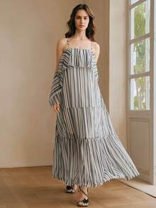 Anewsta Women's Loose Striped Spaghetti Strap Patchwork Ruffle Hem Dress, Vacation Beach Style, Spring/Summer - Blue and White - View 4