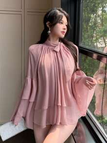 DAZY Áo kiểu nữ mùa hè thanh lịch, tay bồng, cổ buộc dây, chất liệu chiffon, dáng rộng, có bèo nhún, tay loe. - Hồng - Xem 4