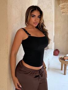 Maria Perezxox 女士时尚百搭黑色搭扣方领吊带背心 - 黑色 - 查看 4