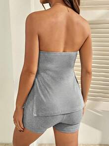 SHEIN 2pcs Maternity Solid Color Tube Top And Adjustable Waist Shorts Set - Grey - View 2