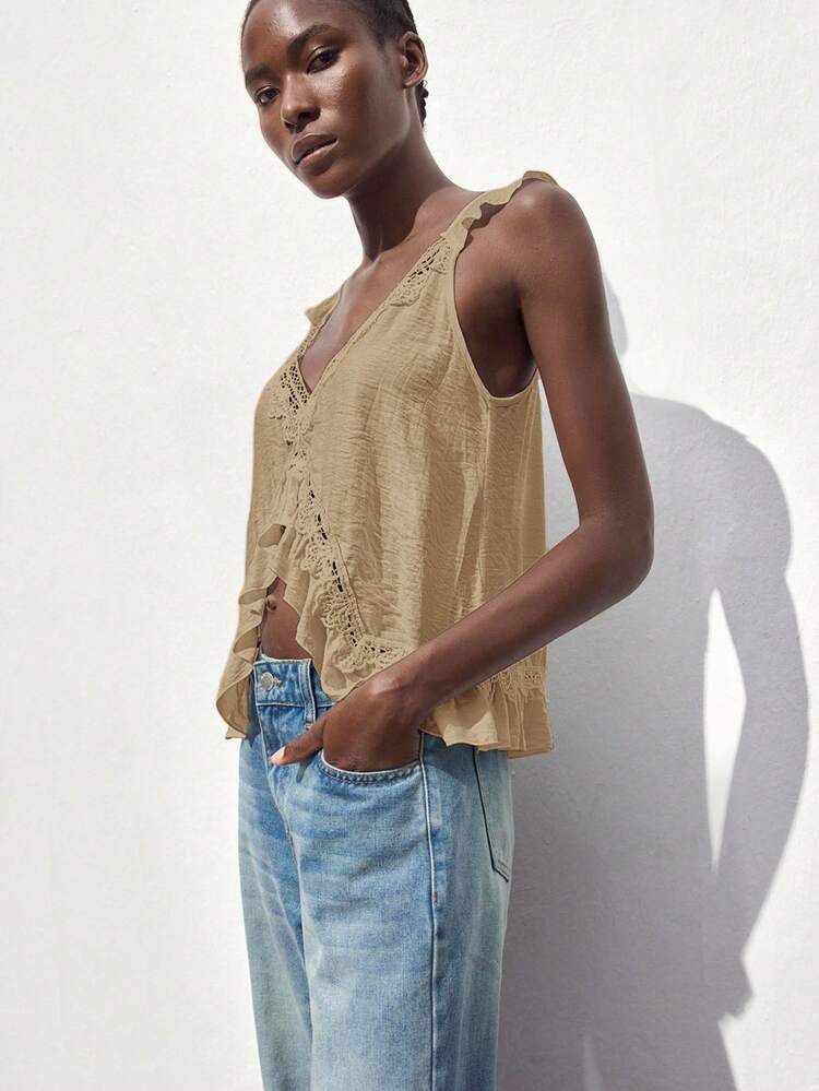 SHEIN Maija Canotta ampia da donna con orlo a volant in pizzo a contrasto di colore