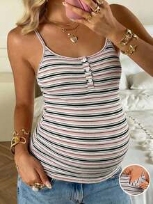 SHEIN Camiseta sin mangas casual a rayas con diseño de botones para maternidad - Rosa - Ver 1