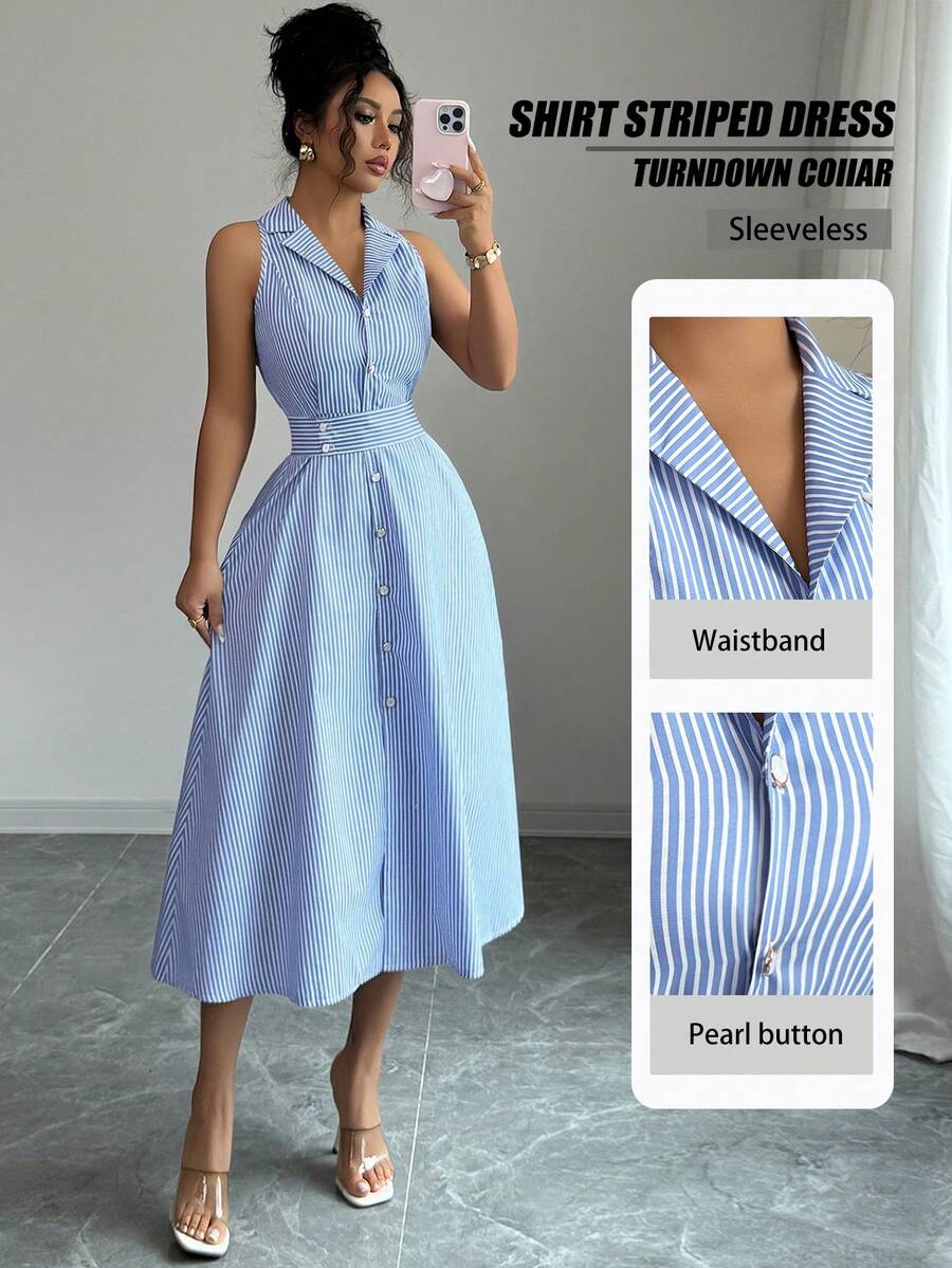 Elenzga Robe rayée élégante et décontractée pour femmes - Bleu azur - Voir 1