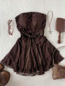 Comfortcana Vestido mini casual de mujer con parches de encaje anudado de unicolor - Marrón - Ver 1