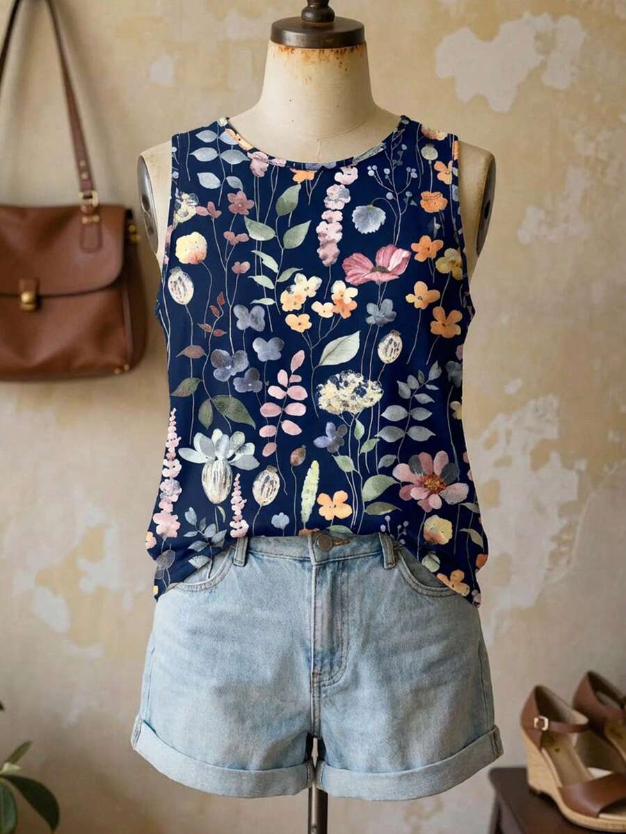 EMERY ROSE Blusa de tirantes de talla grande con estampado floral, top casual de verano para mujeres, blusas de verano lindas y sin mangas para mujeres - Multicolor - Ver 1
