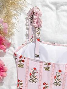 Swim Mod 2026 Summer New Women One-Piece Swimsuit, Floral Print Ruffle Swimwear, Beach Holiday - Pink - View 6