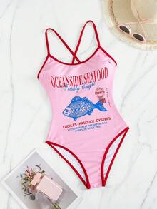 Swim Mod 女士复古鱼纹连体泳衣，可爱粉色单件泳衣 - 粉色 - 查看 2