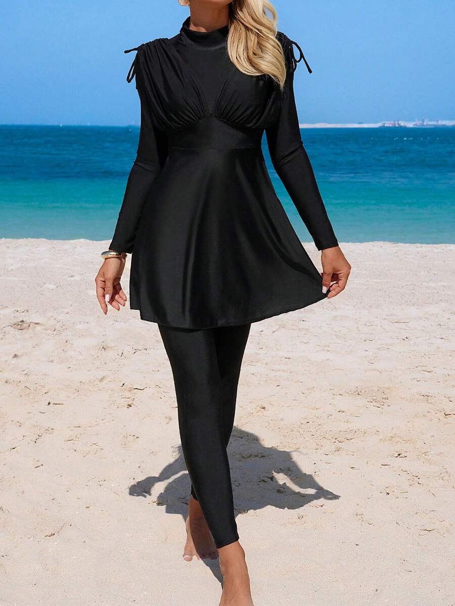 Swim Shayni 女士优雅成熟布基尼套装,纯黑色全包臀抽绳连衣裙+裤子两件式泳装,夏季 - 黑色 - 查看 1