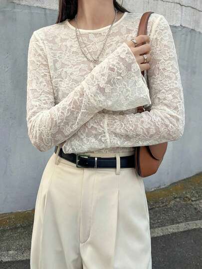 FRIFUL Women's Round Neck Lace Fabric Fitted Flare Sleeve Solid Color Casual T-Shirt