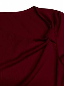 Selianne Women's Solid Color Asymmetric Neckline Ruched Fitted Short Sleeve T-Shirt - Burgundy - View 4