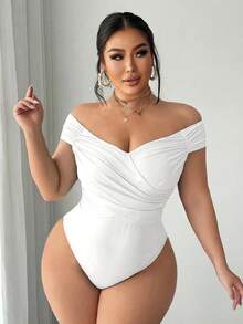 SHEIN SXY 大码女士性感露肩交叉褶皱连体衣，适合街头、休闲、性感、日常出行、购物、约会等场合，穿着清爽舒适，易于搭配，显瘦，凸显身材，修饰身形。 - 白色 - 查看 3