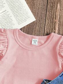 SHEIN Vintaside Kids 2件組中性嬰兒0-3歲可愛秋季親子套裝，淺藍色花卉刺繡牛仔吊帶褲套裝，含圓領長袖上衣與牛仔褲，休閒風 - 粉色 - 查看 5
