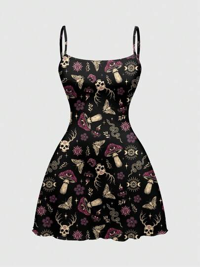 ROMWE Bộ đồ hai mảnh gồm áo hai dây và váy ngắn họa tiết hình chữ thập kiểu anime tối màu, thích hợp cho kỳ nghỉ xuân/hè.