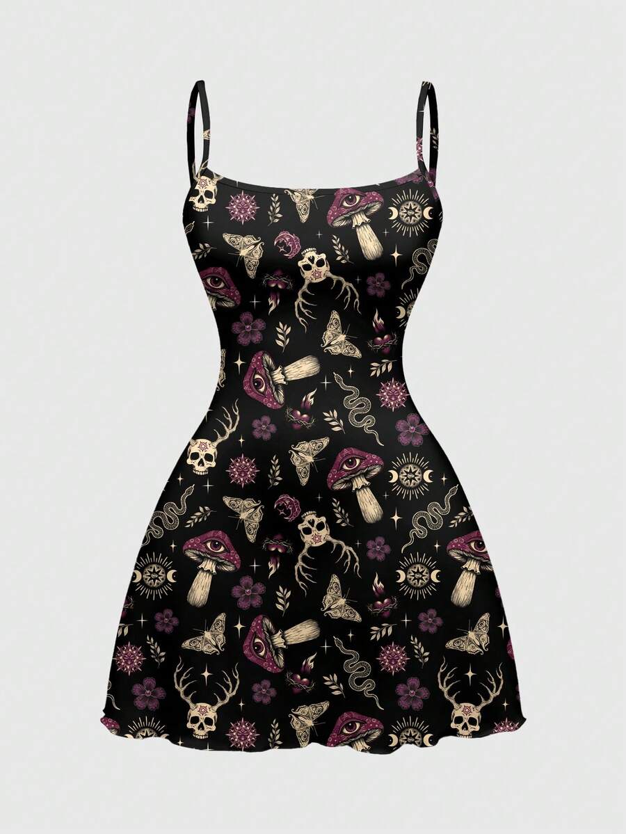 ROMWE Bộ đồ hai mảnh gồm áo hai dây và váy ngắn họa tiết hình chữ thập kiểu anime tối màu, thích hợp cho kỳ nghỉ xuân/hè. - màu đen - Xem 1