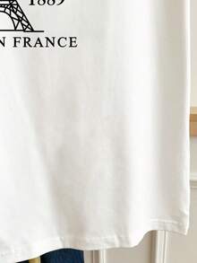 女士及少女时尚复黎埃菲尔铁塔条纹短袖T恤，修身露脐设计，黑白简约百搭T恤，经典巴黎铁塔印花，夏季上衣 - 彩色 - 查看 5