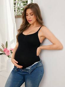 Moonlight&Mama Pregnant Women's Minimalist Solid Color Seamless High Elasticity Soft Camisole Shapewear, Can Be Worn Outerwear - Black - View 2