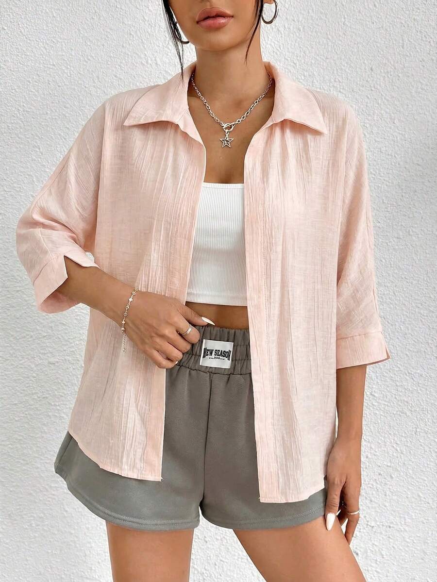 SHEIN PETITE Kemeja Lengan Panjang Minimalis Warna Polos untuk Wanita, Pakaian Kasual