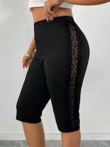 SHEIN Quần legging nữ cỡ lớn, kiểu dáng thường ngày, màu đen, viền ren, thích hợp cho mùa xuân sớm. - màu đen - Xem 1