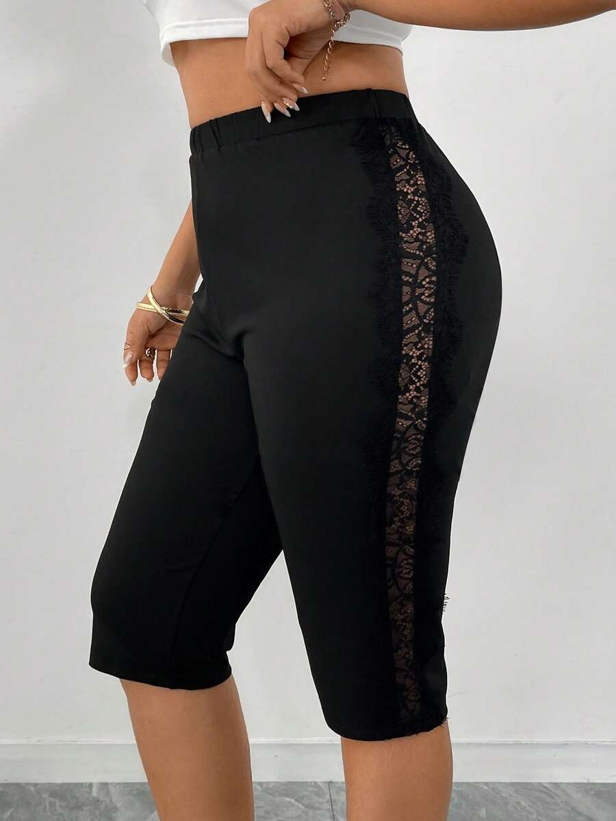SHEIN Quần legging nữ cỡ lớn, kiểu dáng thường ngày, màu đen, viền ren, thích hợp cho mùa xuân sớm. - màu đen - Xem 1