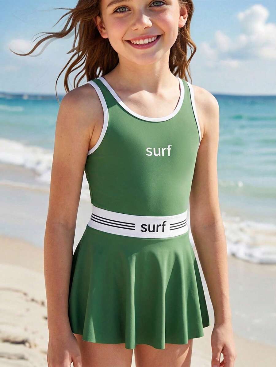 Tween Girl Summer Vacation Beach Letter Graphic One-Piece Swimsuit And Cover-Up Skirt Set - Army Green - View 1