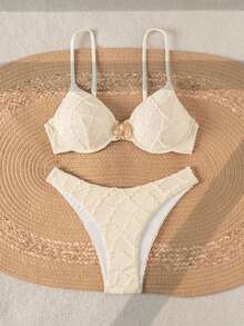 Swim Mod Bonvoyette White 2-Piece Swimwear,Cute Summer Textured Gold Circle Underwire Bra&High Cut Bikini Bottoms, Women's Pool Party Holiday Beachwear - Apricot - View 6