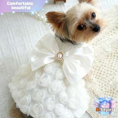 1件宠物服装，3D玫瑰花胸背带，带魔术贴，黑/粉/白，婚纱，蓬蓬裙，猫狗伴娘服