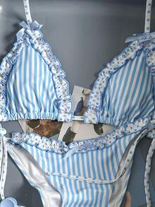 Swim Mod Bộ bikini 2 món họa tiết chấm bi ngẫu nhiên, trang trí nơ, kiểu áo ngực tam giác buộc dây cổ và quần bơi buộc dây bên hông, gợi cảm, thích hợp cho kỳ nghỉ hè/xuân ở bãi biển. - Xanh và trắng - Xem 3