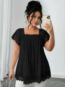 Breezaya Kích thước lớn Màu thuần Cổ vuông Viền sò Giải trí Áo sơ mi - màu đen - Xem 6